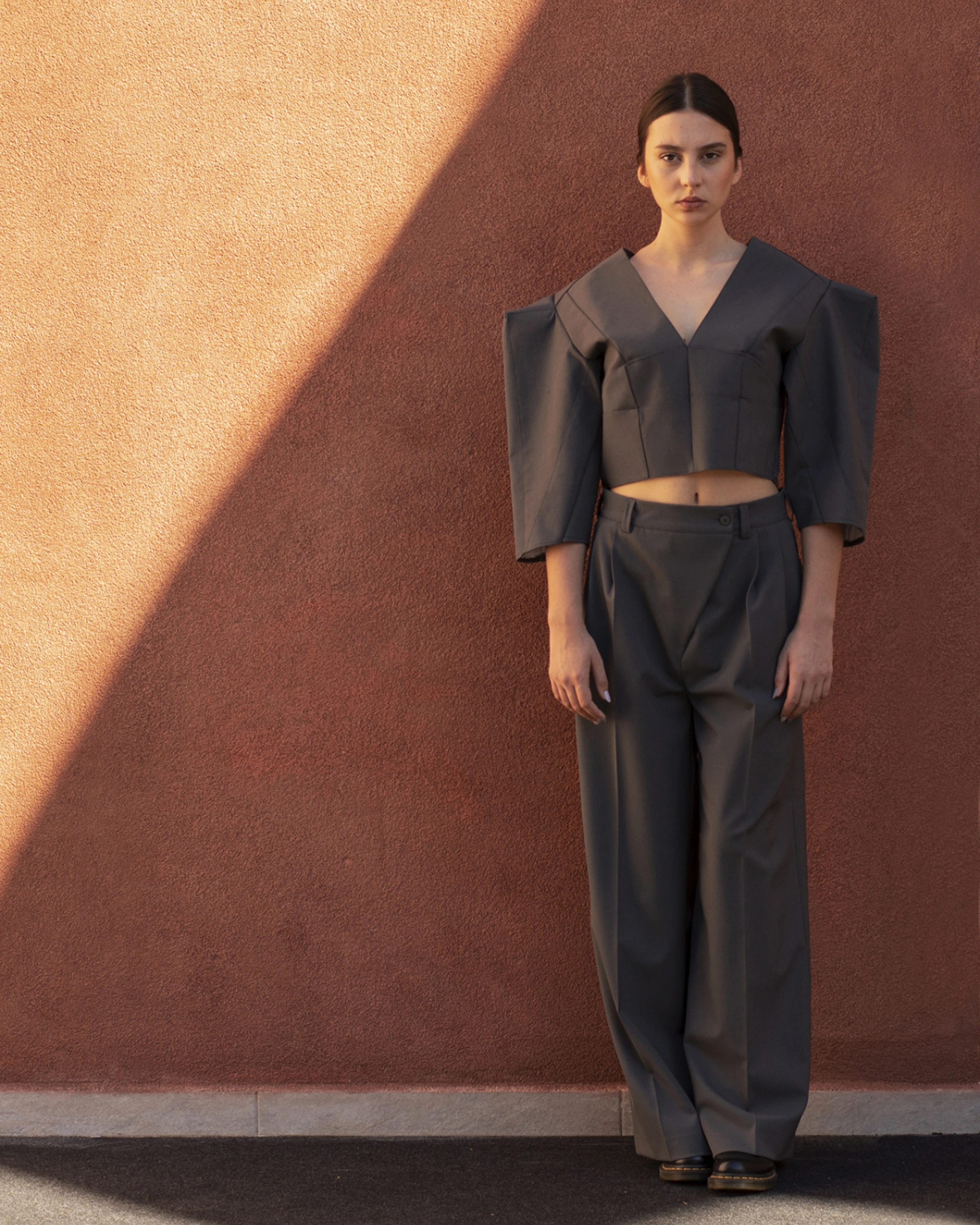 Gray top and pants from Forme collection. 