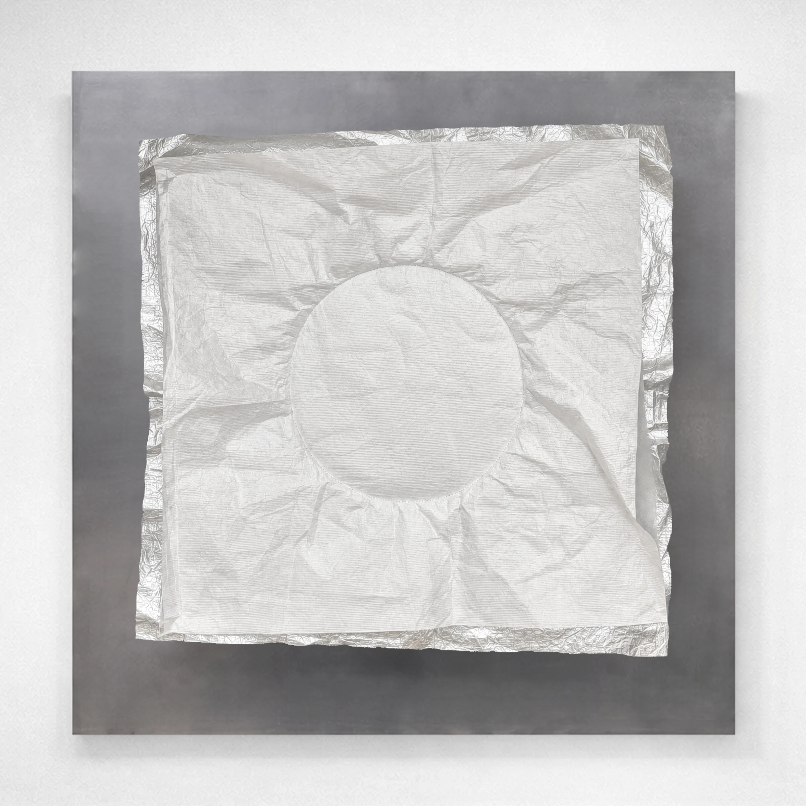A layered artwork combining aluminum surface, Tyvek fabric, and padding, unified through white thread hand stitching. 