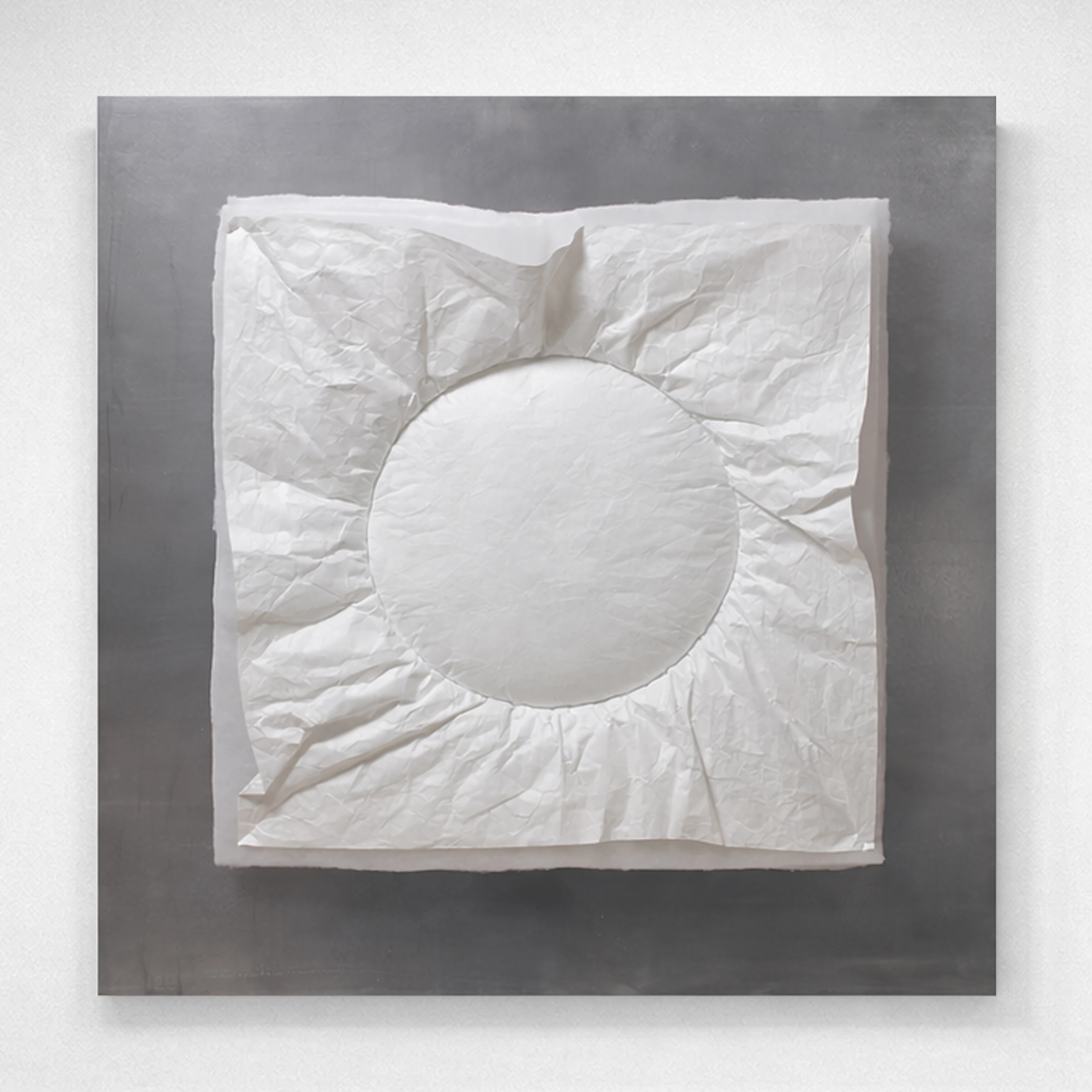 A layered artwork combining aluminum surface, Tyvek fabric, and padding, unified through white thread hand stitching. 