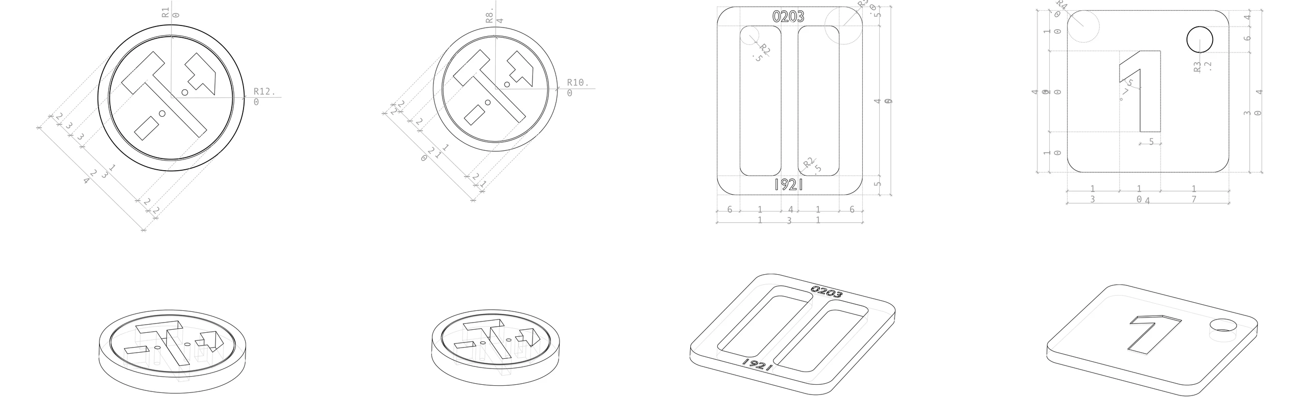 Technical drawings of buttons, buckles, and number plates for Kovari collection. 